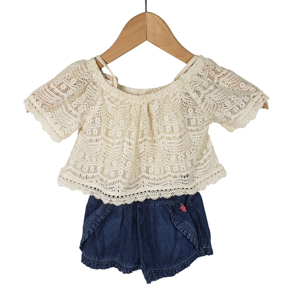 US Polo Assn Baby Girls 18 mths Lace Denim Romper Shorts Cute Summer